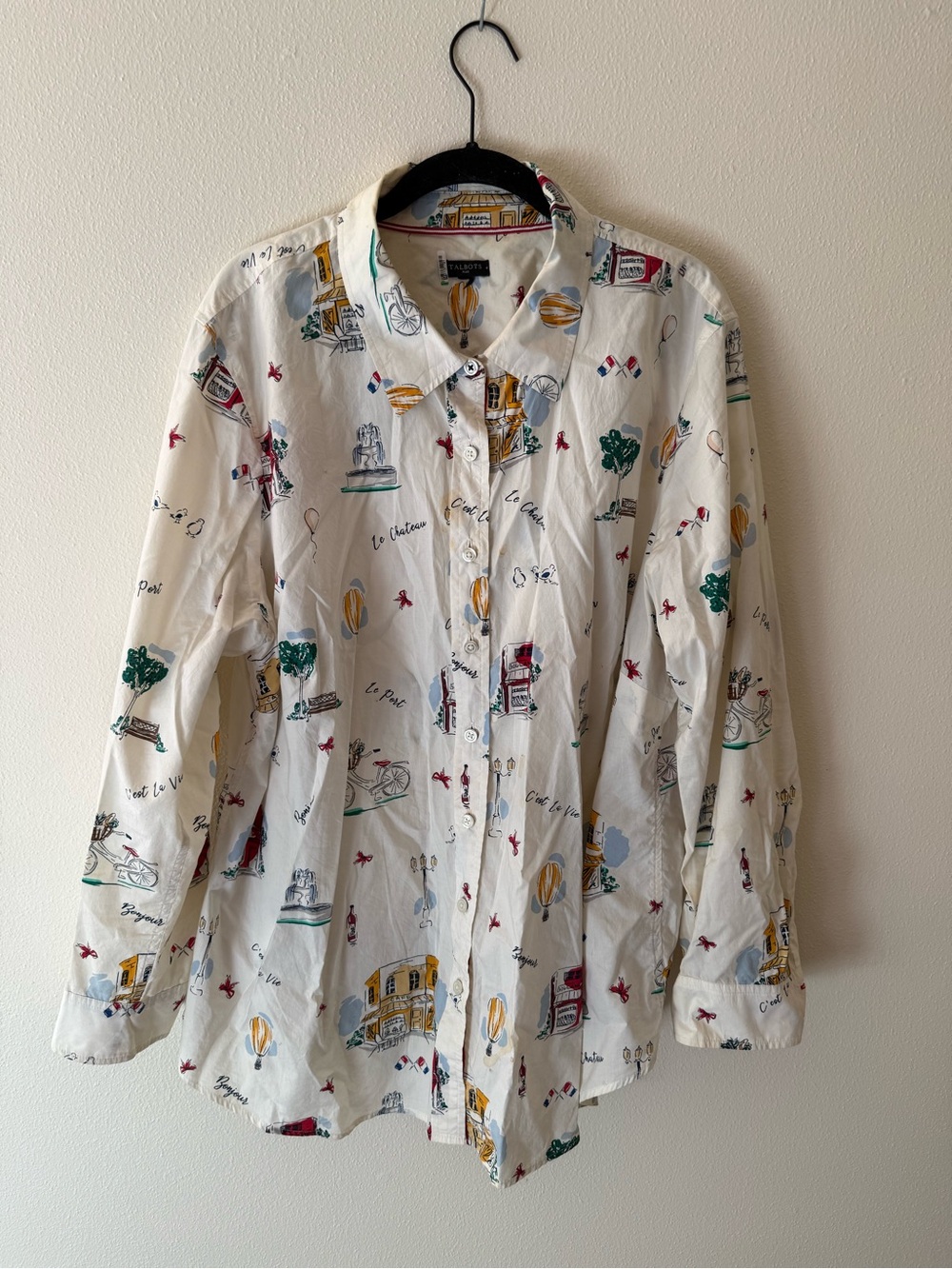 Talbots 2X Women’s PARIS Scenic Print Long-Sleeve Button Down Shirt 100% cotton